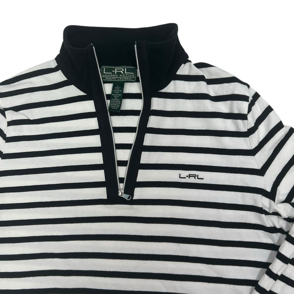 L-RL Lauren Active 1/4 Zip Mock Neck Stripe Top White Black Sz L Pickleball Golf - Picture 3 of 11